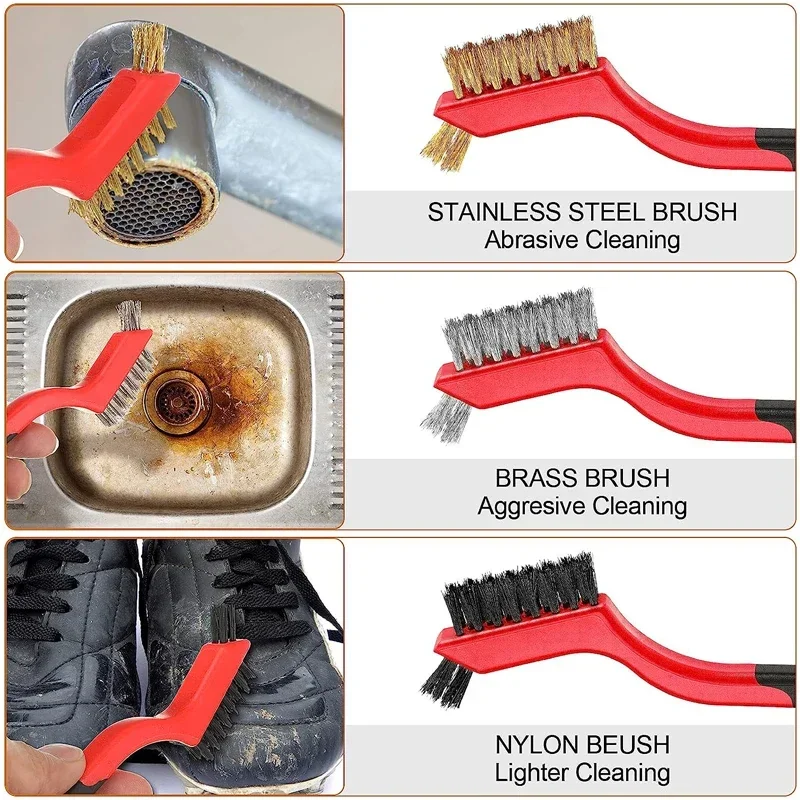 3/1Pcs Wire Cleaning Brush Nylon/Brass/Stainless Steel Bristles Rust Dirt Paint Scrubbing Brush Kitchen Gas Stove Cleaning Tools