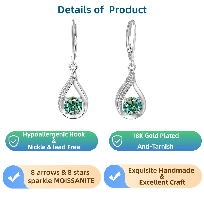 LAMVOICE Designer-Artikel von hoher Qualität, hypoallergene Ohrringe mit 2 Karat Moissanit, Valentinstagsgeschenk für hochwertigen Schmuck