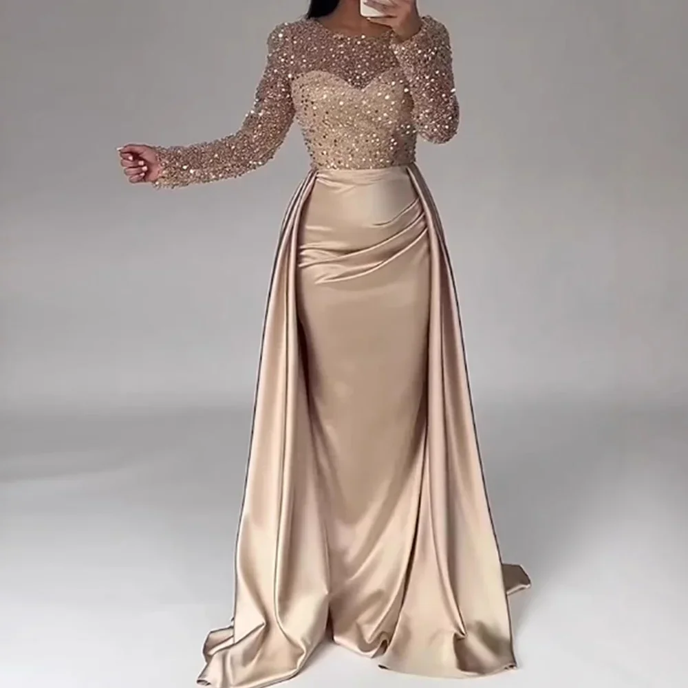 فساتين سهرة أنيقة للسيدات 2025 أنيقة ترتر لصق رقبة دائرية وأكمام طويلة مطوي فستان ماكسي مثير عالي الخصر فساتين مأدبة نحيفة