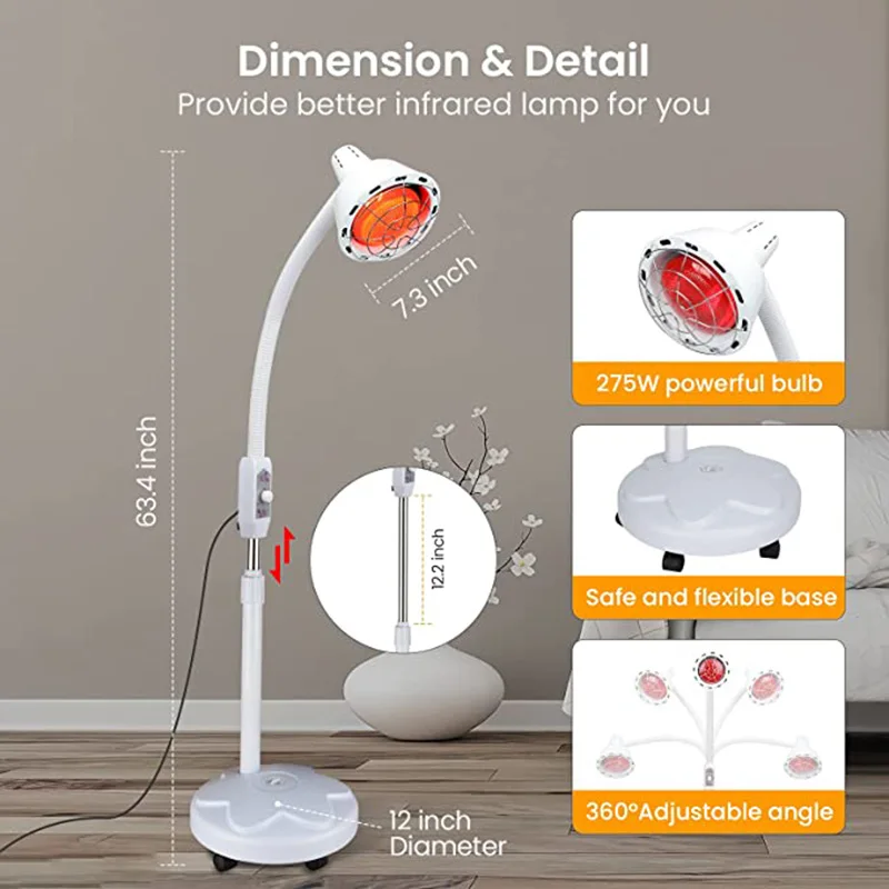 EstherQueen 275W Red Infrared Light Device,Near Infrared Heat Lamp Height Adjustment for Body Pain Standing Lamp Set