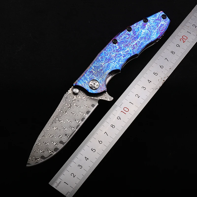 Дамасский TC4 Титановый сплав Гриль с синей ручкой Открытый Кемпинг Охота Складной нож Портативный коллекционный нож EDC Дамасский TC4 Титановый сплав Гриль с синей ручкой Открытый Кемпинг Охота Складной нож Портативный коллекционный нож EDC