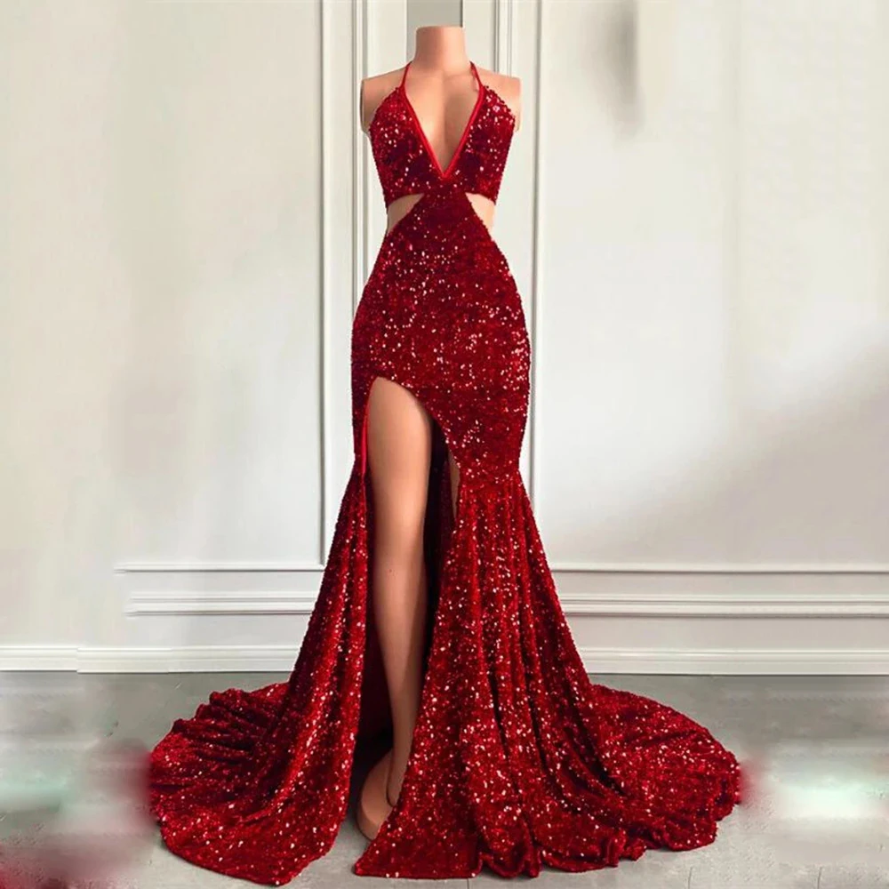 Sereia lantejoulas vestidos de noite feminino vinho vermelho sexy com decote em v sem mangas lado alta divisão princesa vestidos de baile gala celebridade robe