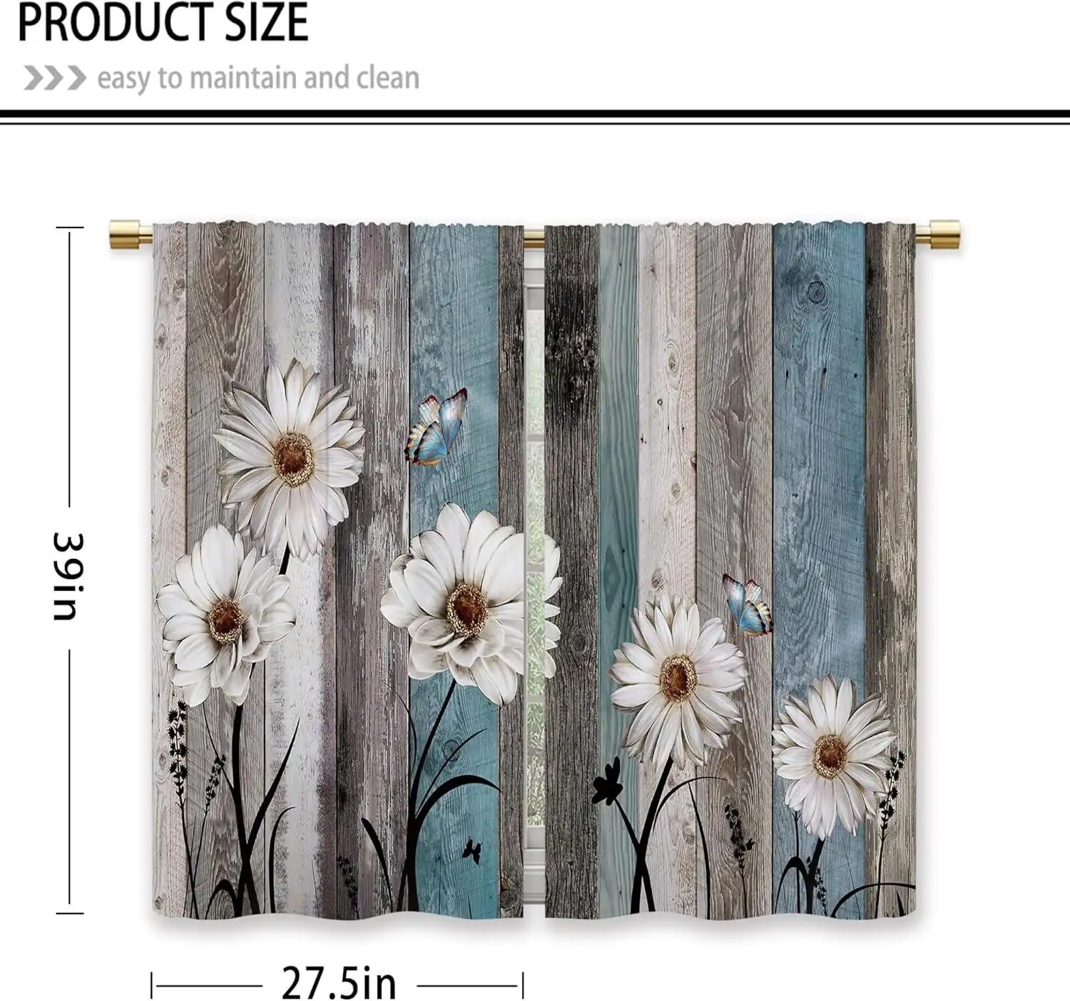 2pcs Curtains Peach Skin Polyester Teal Farmhouse Daisy Flower Butterfly Rustic Country Cafe Short Drapes Kitchen Bathroom