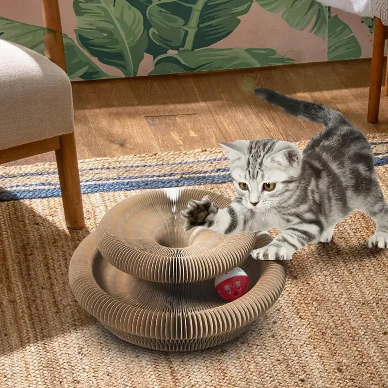 Cat Scratching Toy Round Cat Corrugated Circular Interactive Cat Cardboard Toys Foldable Cat Accordion Toy With Bell Ball For