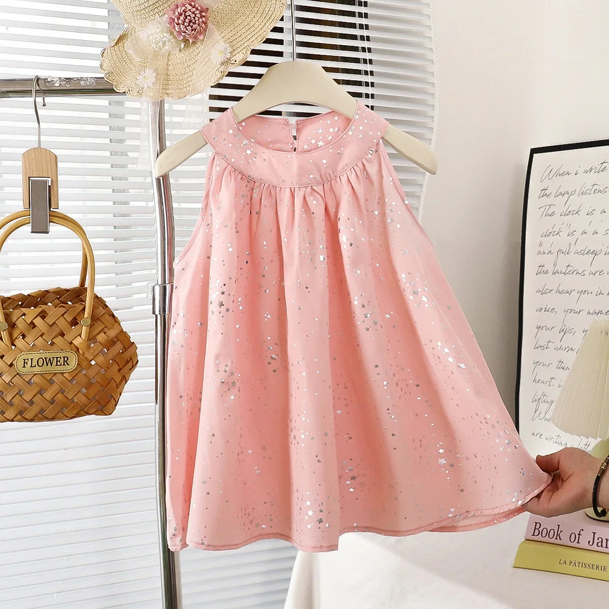 Summer Sleeveless Princess Dress Star Pattern Pink Sequin Dress Simple Raglan Dress For 1-7 Years Baby Girls Beach Clothes