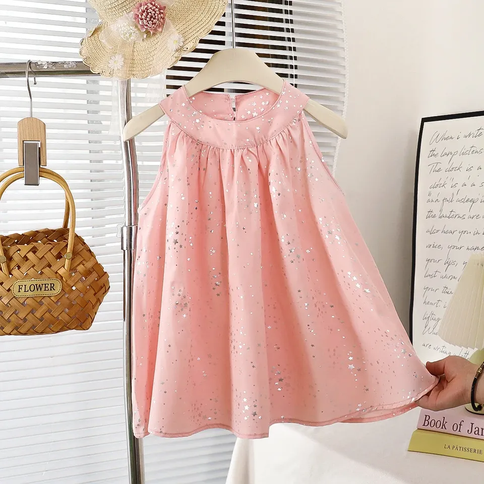 Summer Sleeveless Princess Dress Star Pattern Pink Sequin Dress Simple Raglan Dress For 1-7 Years Baby Girls Beach Clothes 