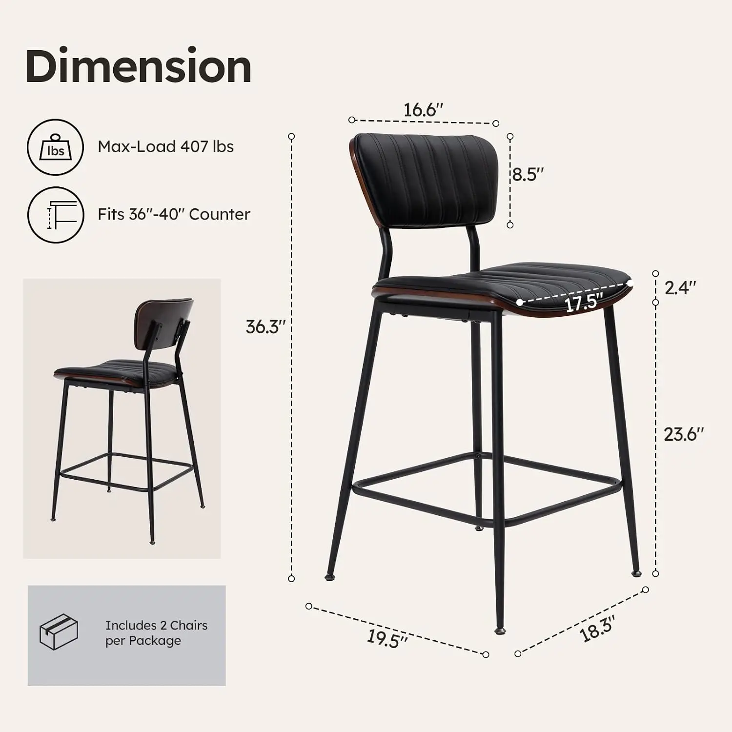 26 Inch Counter Height Bar Stools Set of 2 with Bentwood Backrest, Black