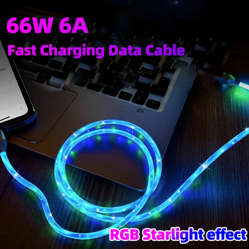 1.2M Luminous RGB LED Type C USB A Cable For Samsung Xiaomi OPPO Huawei Oneplus Fast Charger Data Cord Flowing Light LED Cable