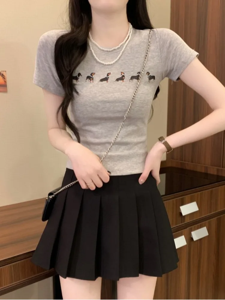 T-shirt ort Sve con stampa cane bassotto carino T-shirt estiva da donna slim fit in cotone rotondo Ne Top oulder Lunghezza Youth Sle