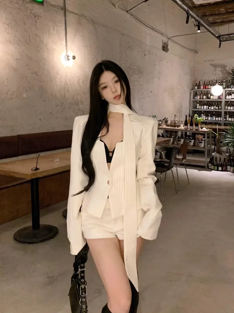 Korean Stripe Suit Coat Shorts Two-piece Set Women Ribbon Collarbone Single Button Slim Temperament Gentle Chic Fashion Wear New