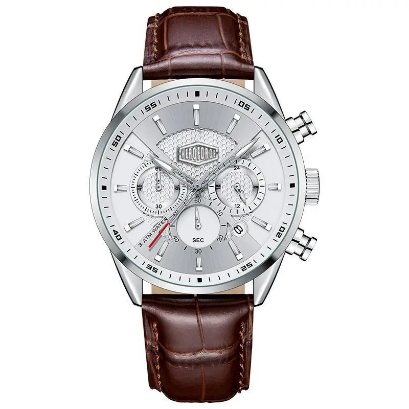 HEROFORCE Silver Chronograph Watch for Men, Genuine Cowhide Leather Band, Multi-Function Chronograph Men's Watch, Luminous Dial with Date Window