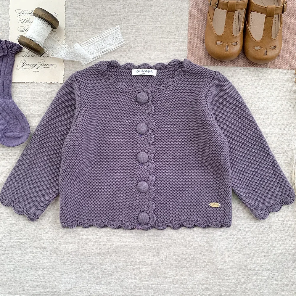 Baby Clothes Autumn Winter Girls Hand Hook Crewneck Cardigan Sweater Thickened Vintage Solid Color Fashionable Sweater Coat