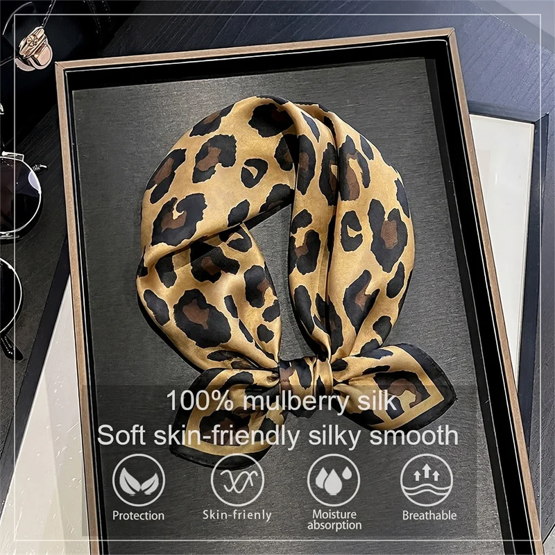 100% Silk Square Scarf Leopard Print Bandana Neckerchief Stylish Bag Accessory Head Wrap Gift for Girlfriend Women Daily Use