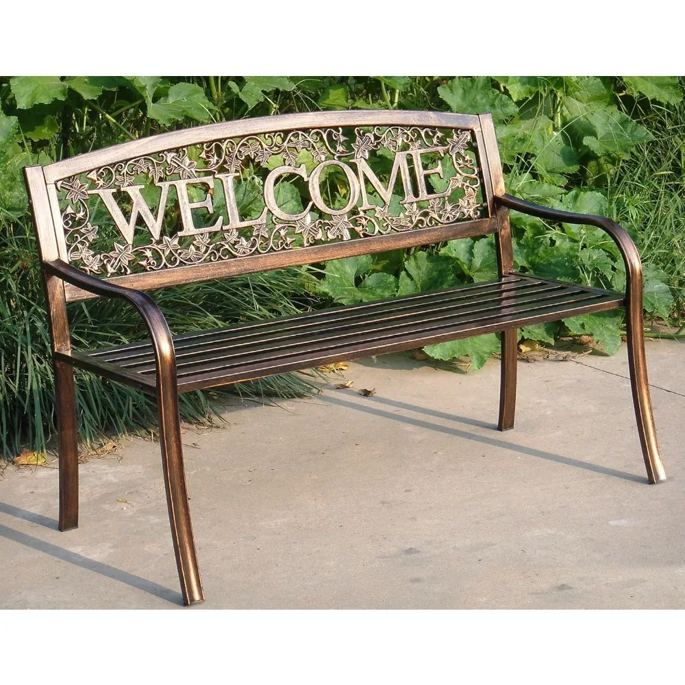 Outdoor Bench The bench frame is constructed of steel tubing,  a cast aluminum back and a durable powder coated paint indoor