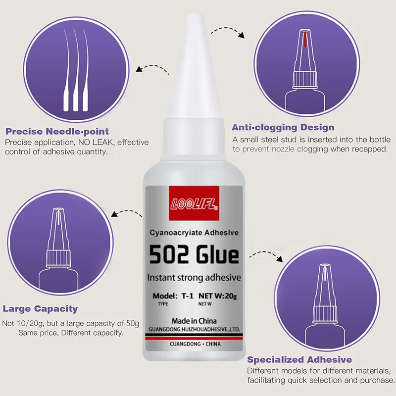 LOOLIFL 502 Super colle instantanée séchage rapide Cyanoacrylate adhésif cuir caoutchouc verre bois métal forte liaison liquide colle outil