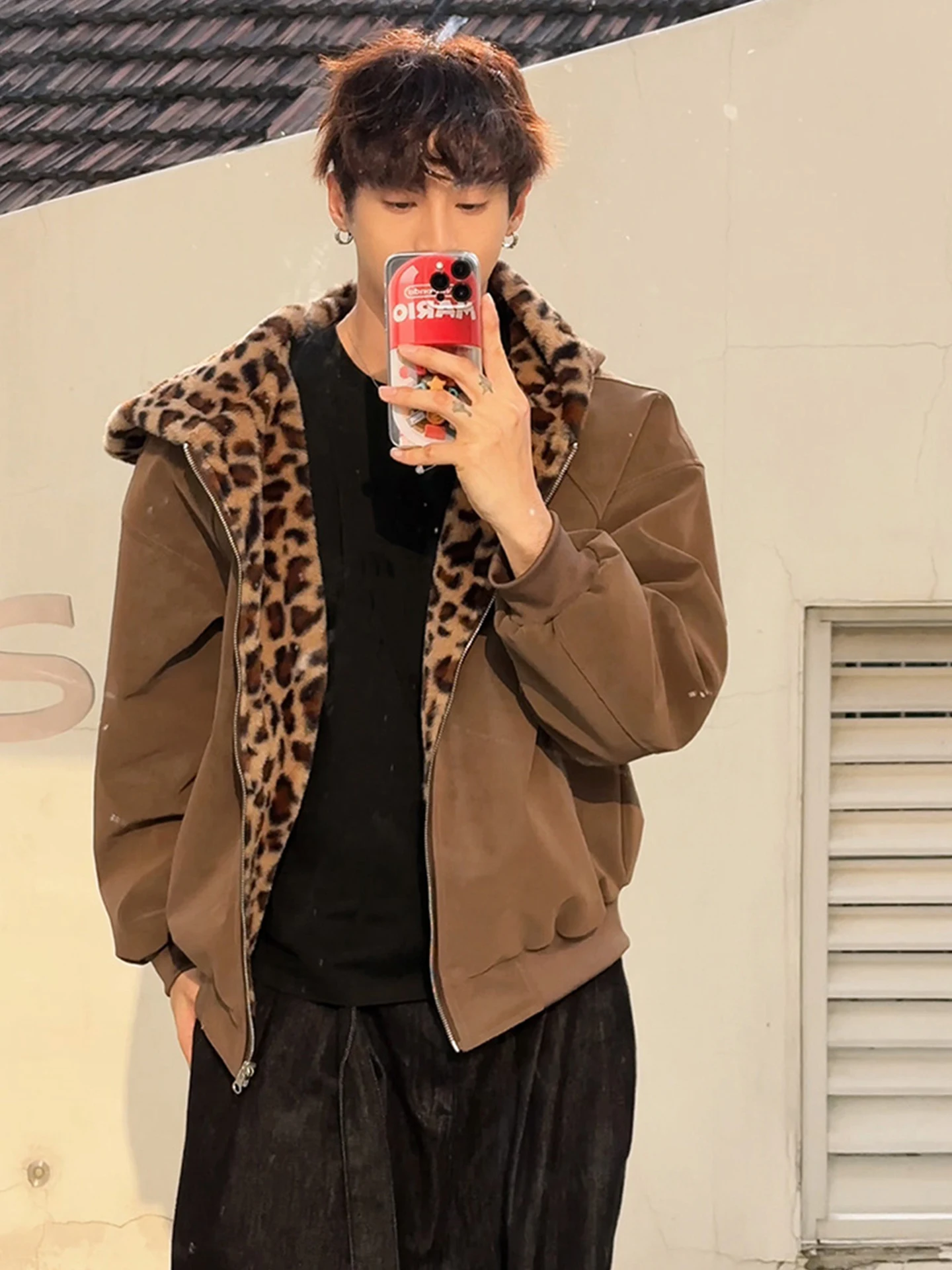 

Brown Leopard Print Cotton Jaet Men's Winter Fce Lined Warm Cleanfit Double Sided PU Leather Hooded Cotton Coat