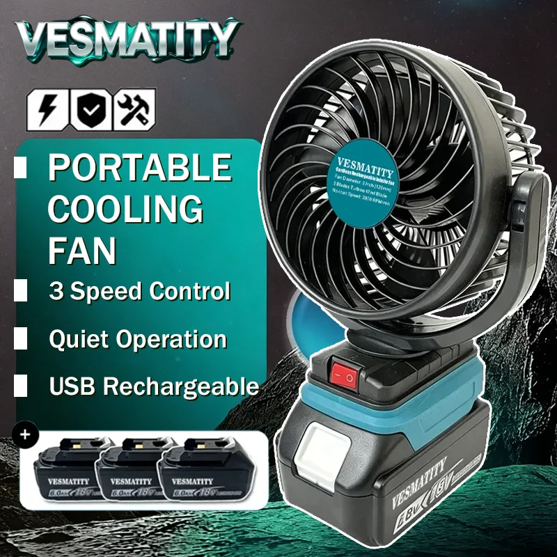 Professional grade cordless mini fan with USB port and tilt adjustment for camping outdoor and jobsite cooling for 18V  battery