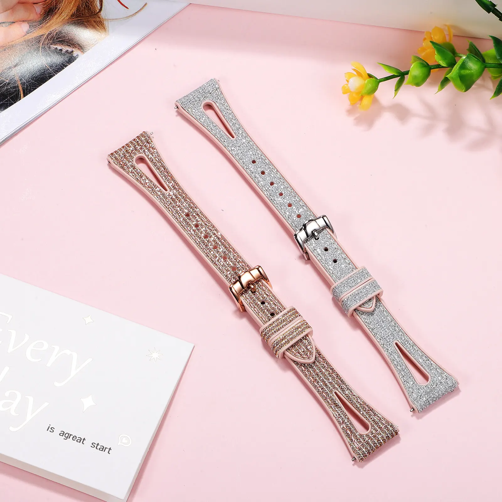 2Pcs Waterdrop Watch Straps Shiny Glitter PU with Metal Buckle Multiple Button Holes Sweat Proof Comfort Fit Replacement