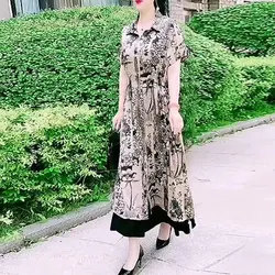 Vintage Printed Single-breasted Midi Dress Casual Turn-down Collar Fashion Drawstring 2023 Summer Female Clothing A-Line Dresses