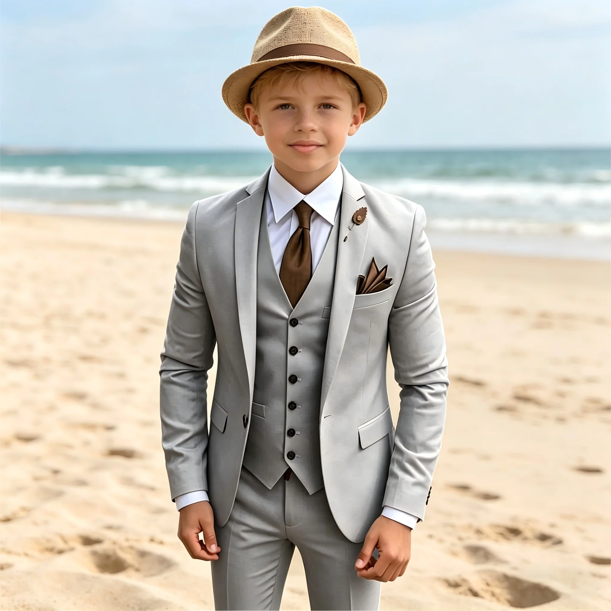 Boys wedding suit 3-piece kids suit Casual Light Grey elegant little gentleman custom slim Fit formal birthday party tuxedo