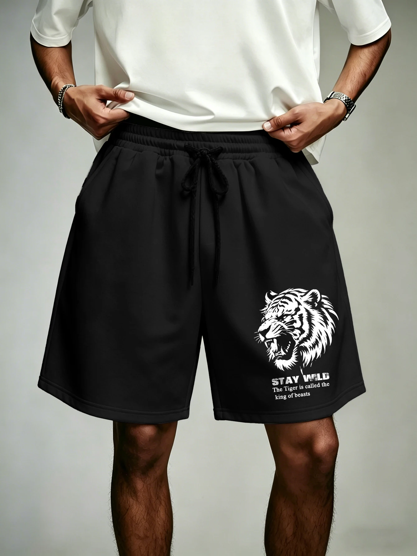 

Men's Oversized Streetwear Shorts Brand Roaring Tiger Head Stay Wild Print Polyester Casual Shorts S-2XL All Size 1Pc