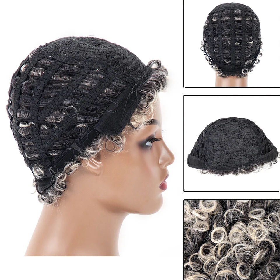 Pelucas sintéticas cortas y rizadas para mujer, pelo Afro negro, gris, con flequillo, aspecto Natural, para CosplayUse diario