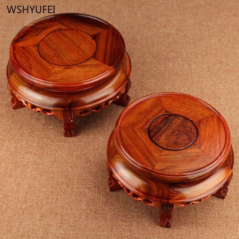 Solid wood circular base Incense Burner Offering Platform living room home decoration vase Potted plant base Carving handicrafts