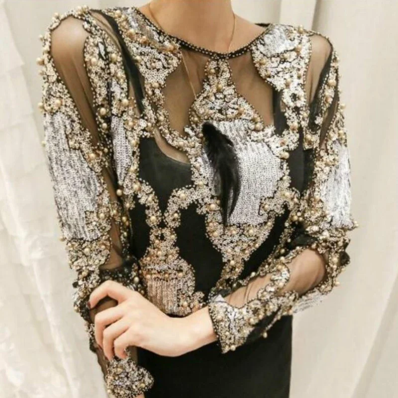 Luxury women crystal Sequins embroidery Blouse lace Geometric Heavy beads Shirts sexy blusas camisa Clubs Hollow Tops 2019