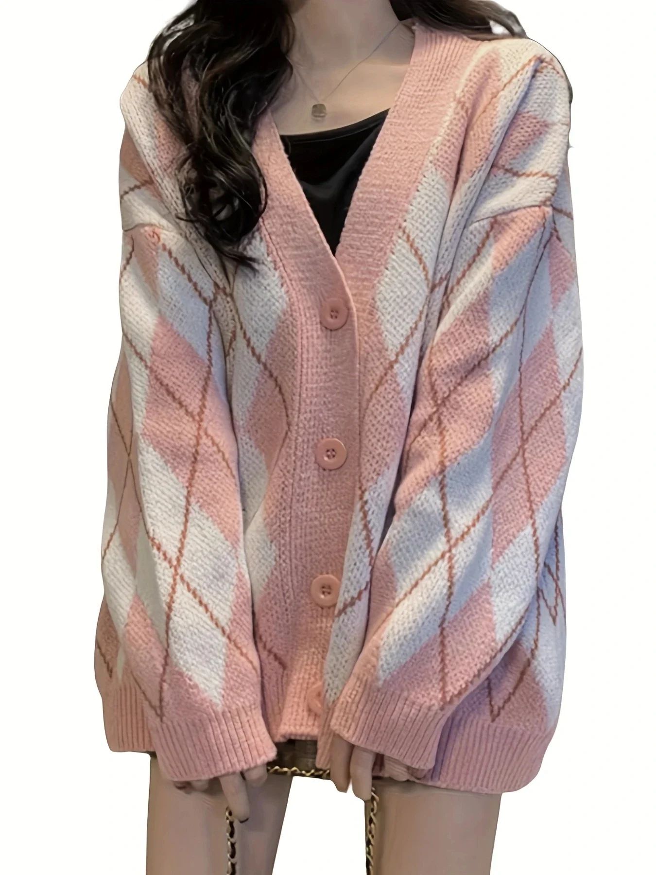 Vintage pink Oversized Knitted Cardigan Women Autumn Winter  V-neck Elegant Sweater Female Single-breasted Knitwear