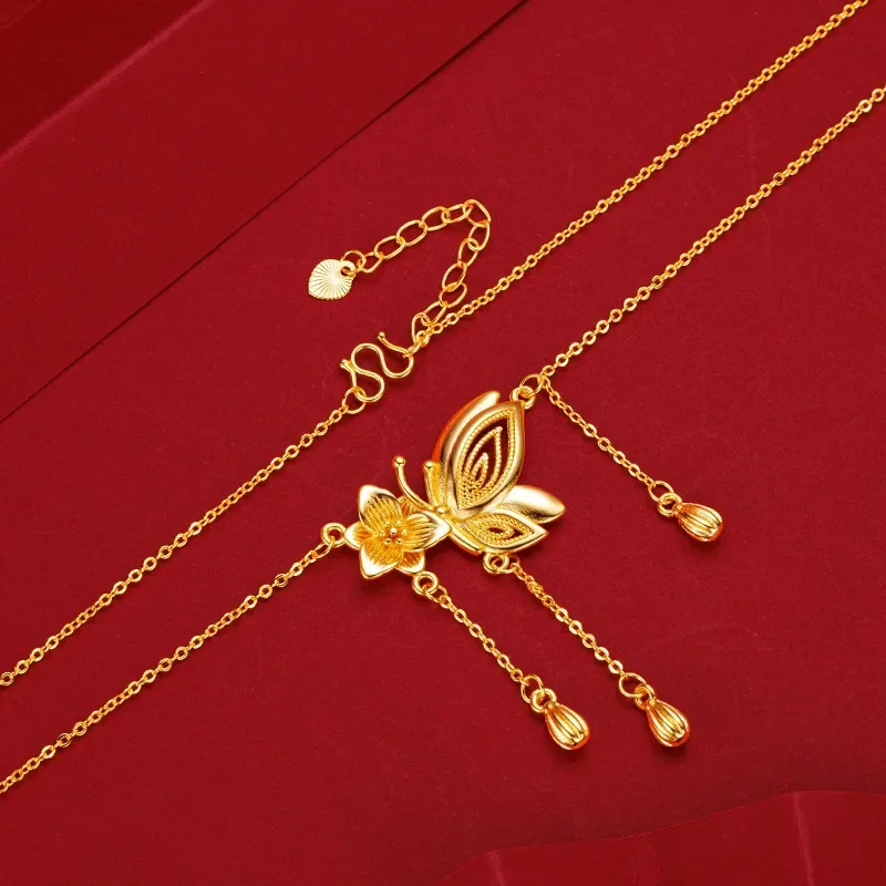 

9999 Real Gold 24K New Chinese Premium Flower Butterfly with Tassel Necklace Super Fairy Butterfly Flower Clavicle Chain Female