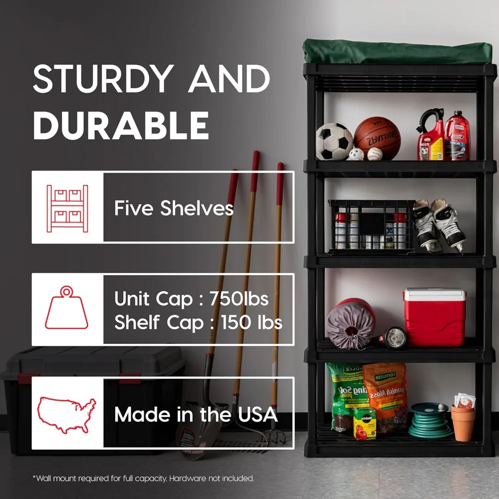 أرفف تخزين بلاستيكية شديدة التحمل مكونة من 5 أرفف، سعة 750 رطل، منظم وحدات لصالة الألعاب الرياضية في المرآب والمستودعات المنزلية - أسود