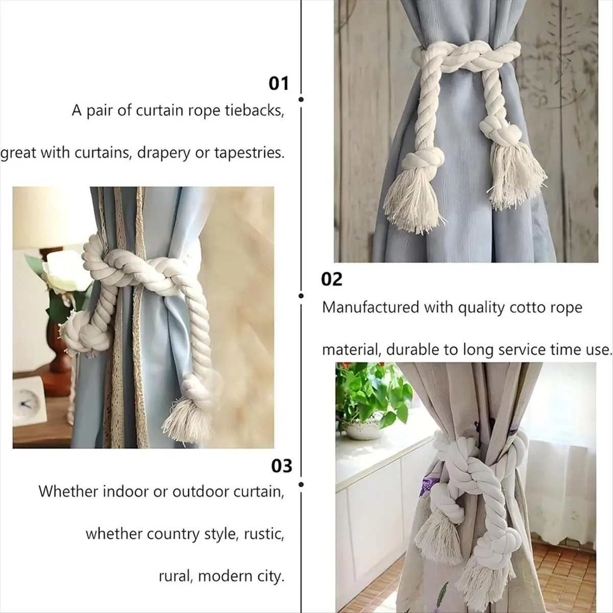 2026 Trend 4pcs Curtain Rope Tiebacks, Curtain Rope Buckle, Handmade Curtain Holders, Cotton Handwoven Curtain Ties for Curtains