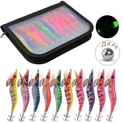 Leurre de pêche au calmar avec hochet, appât de poulpe, hameçon ShriAJjig en bois, leurres de seiche, jigging lumineux, 12g-20g, 10 pièces