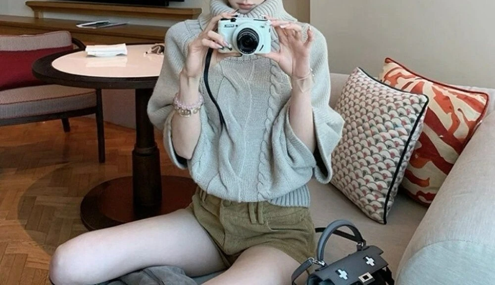 

Twist Knit Atmosphere Sweater New Retro Loose High Neck Knit Top Mid-Sleeve Blouse