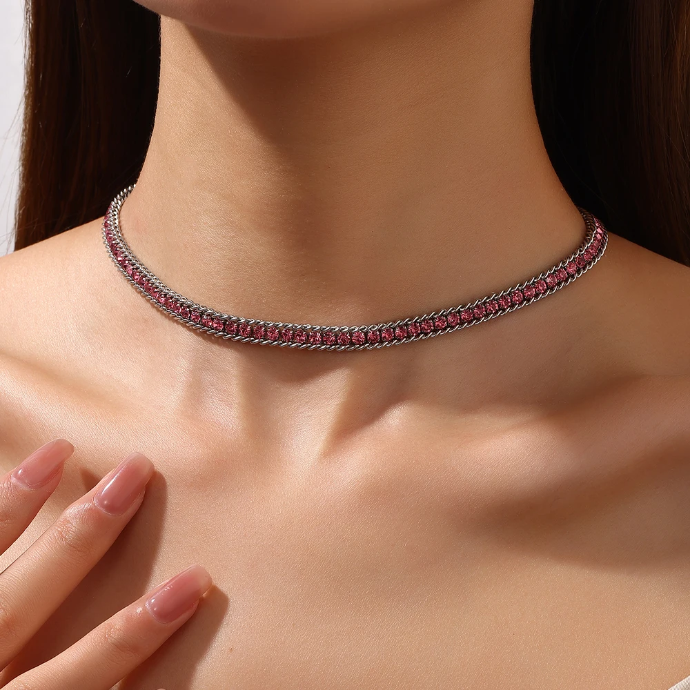 316L Stainless Steel Necklace For Women Luxury Tennis Chain Necklaces Color Crystal Zircon Choker Necklace Jewelry
