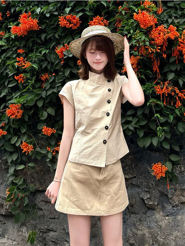 

Женская приталенная рубашка цвета хаки с воротником-стойкой и коротким рукавом, раннее лето, американский ретро-дизайн, уникальный стиль, укороченный топ, стройнящий силуэт