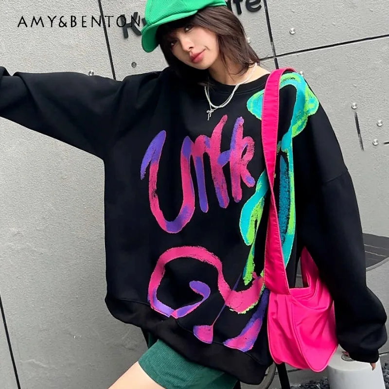 Oversize Graffiti Full Printed Long-Sleeved Sweatshirts Women's Mid-Length Loose Leisure All-Matching Casual Top Sudaderas Mujer