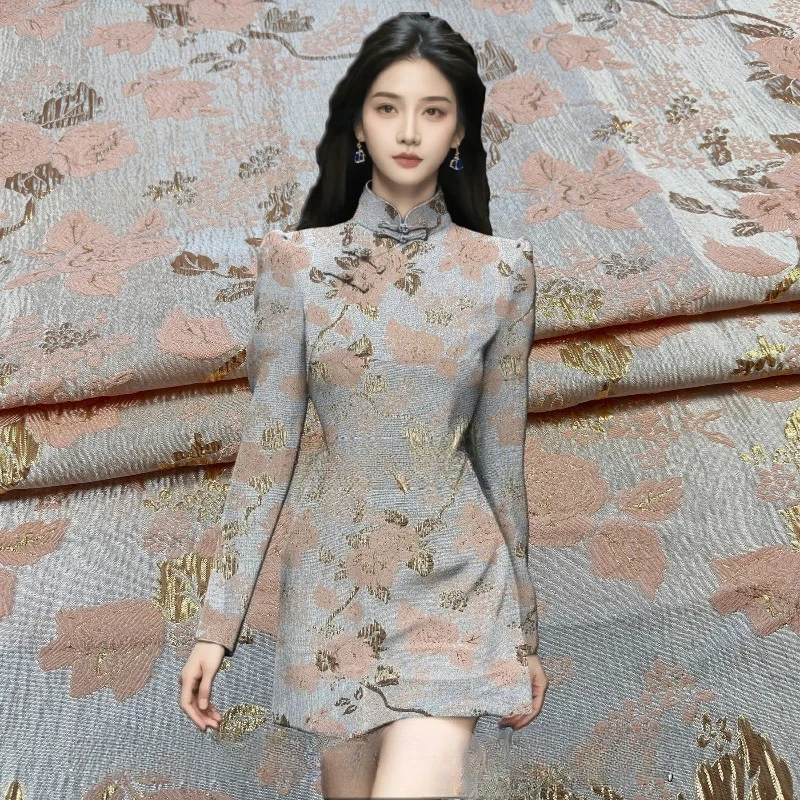 

Fashionable Champagne Color Gold Thread Rose Jacquard Fabric Short Skirts Windbreakers Formal Dress Fashion Cloth for Diy Sewing