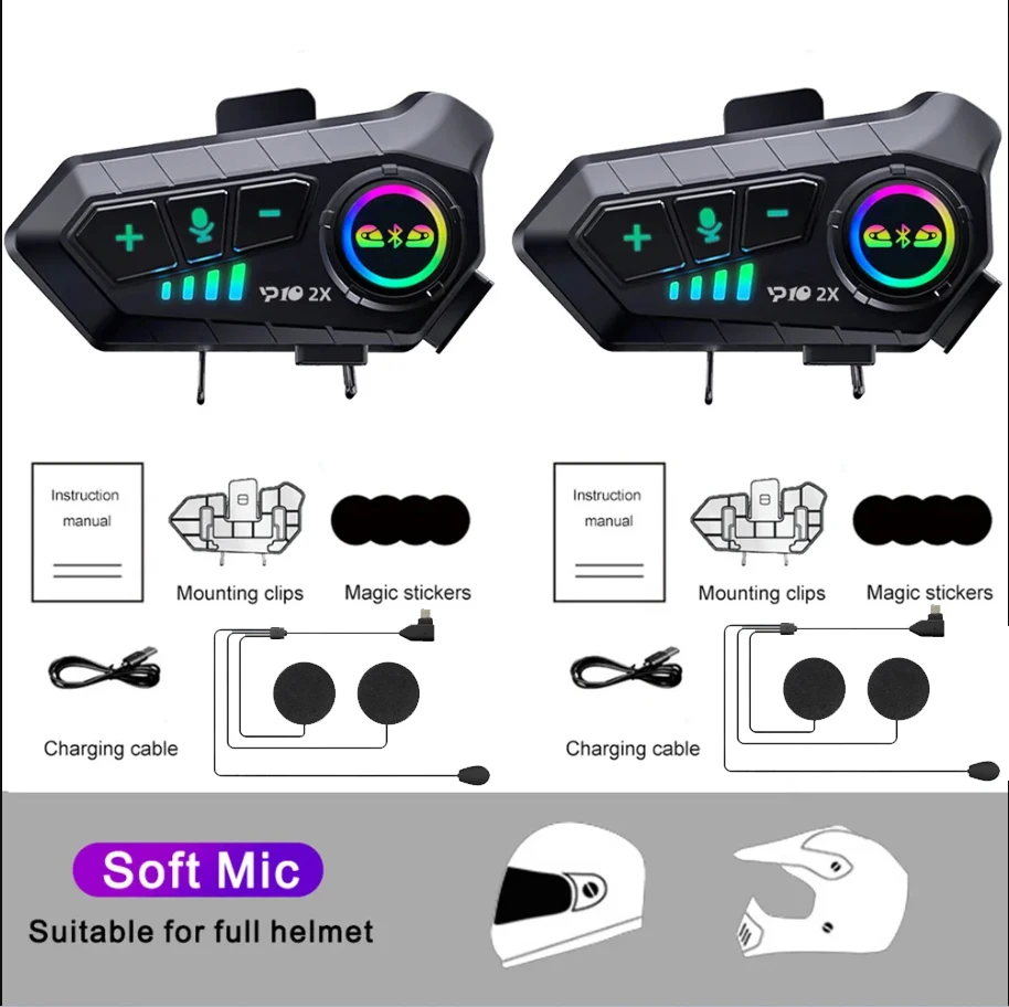 Kebidumei YP10 2X Draadloze Bluetooth5.3 Motorhelm Intercom Headset Waterdicht 300m Intercomunicador Luidspreker Oortelefoon