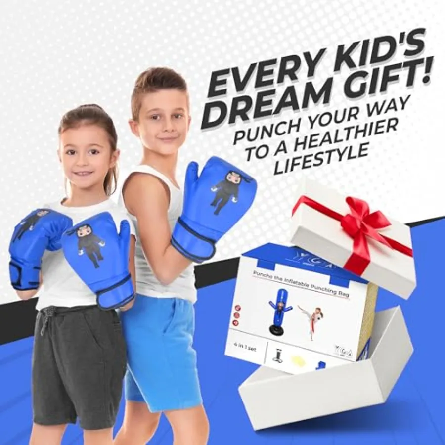 PUNCHO El saco de boxeo para: juego de saco de boxeo estable 3-12 - 63 sacos de boxeo inflables para niños 3-8 con bomba de guantes y libro electrónico - Fas