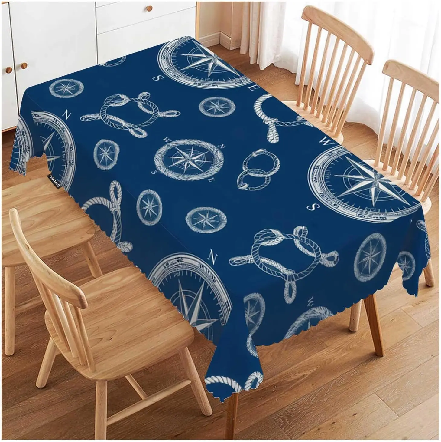 Coastal Nautical Tablecloth Ocean Compass Anchor Dinner Table Cover Decor Beach Style Dining Room
