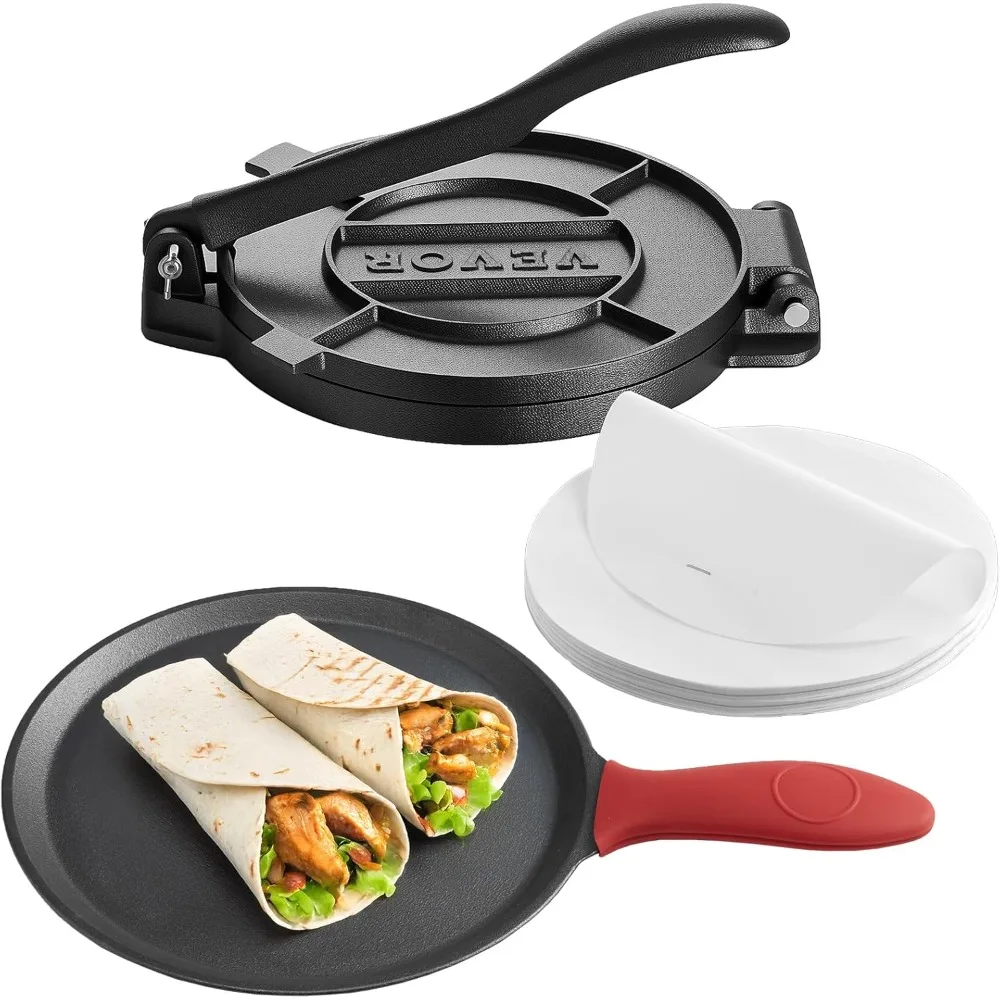 Vevor prensa para tortillas, hierro fundido 25 cm, con asa y 100 hojas papel pergamino, para masa tacos y tortillas