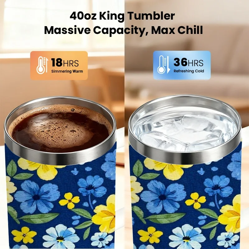 Stainless Steel 40oz Insulated Tumbler, Vibrant Floral Digital Print on Deep Blue Background, Reusable Leakproof Beverage Cup for Keeping Drinks Hot or Cold, Ideal for Office Commute, Outdoor Activities & Daily Use