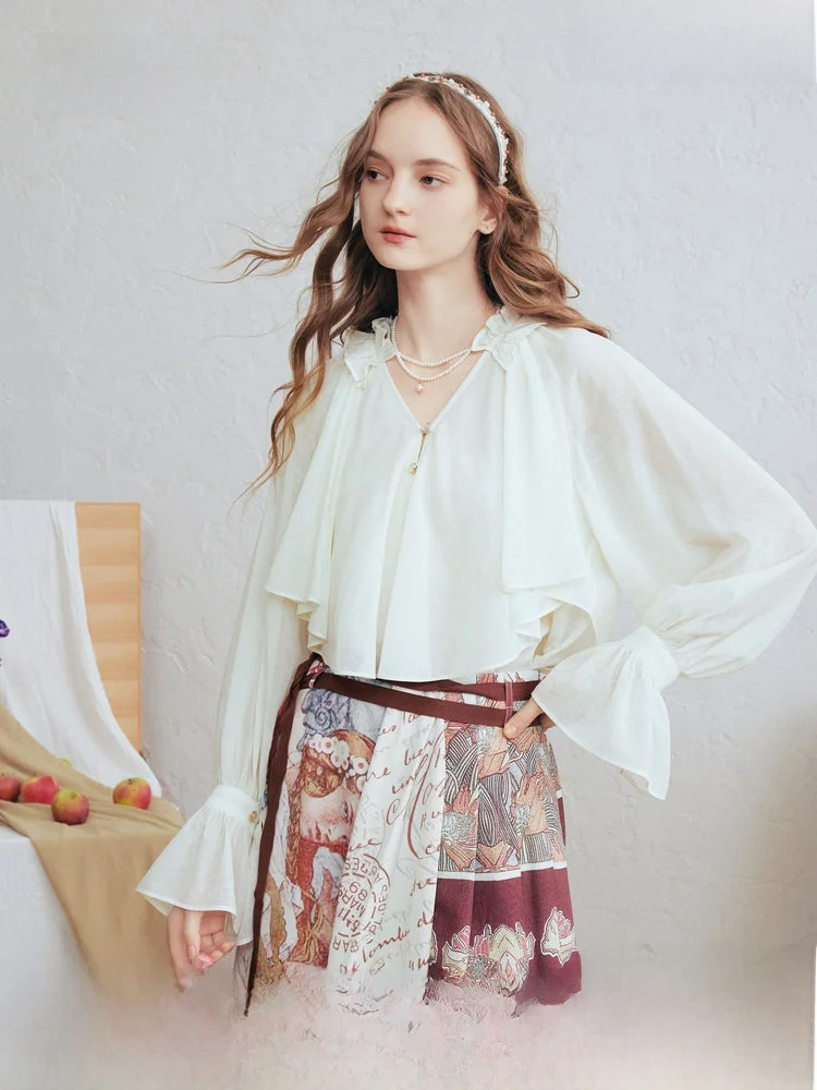 

Elegant V-Neck Patchwork Lantern Sleeve Chiffon Top Women's Holiday 2026 Spring New Style Two Three Things Loose Fit Button D...