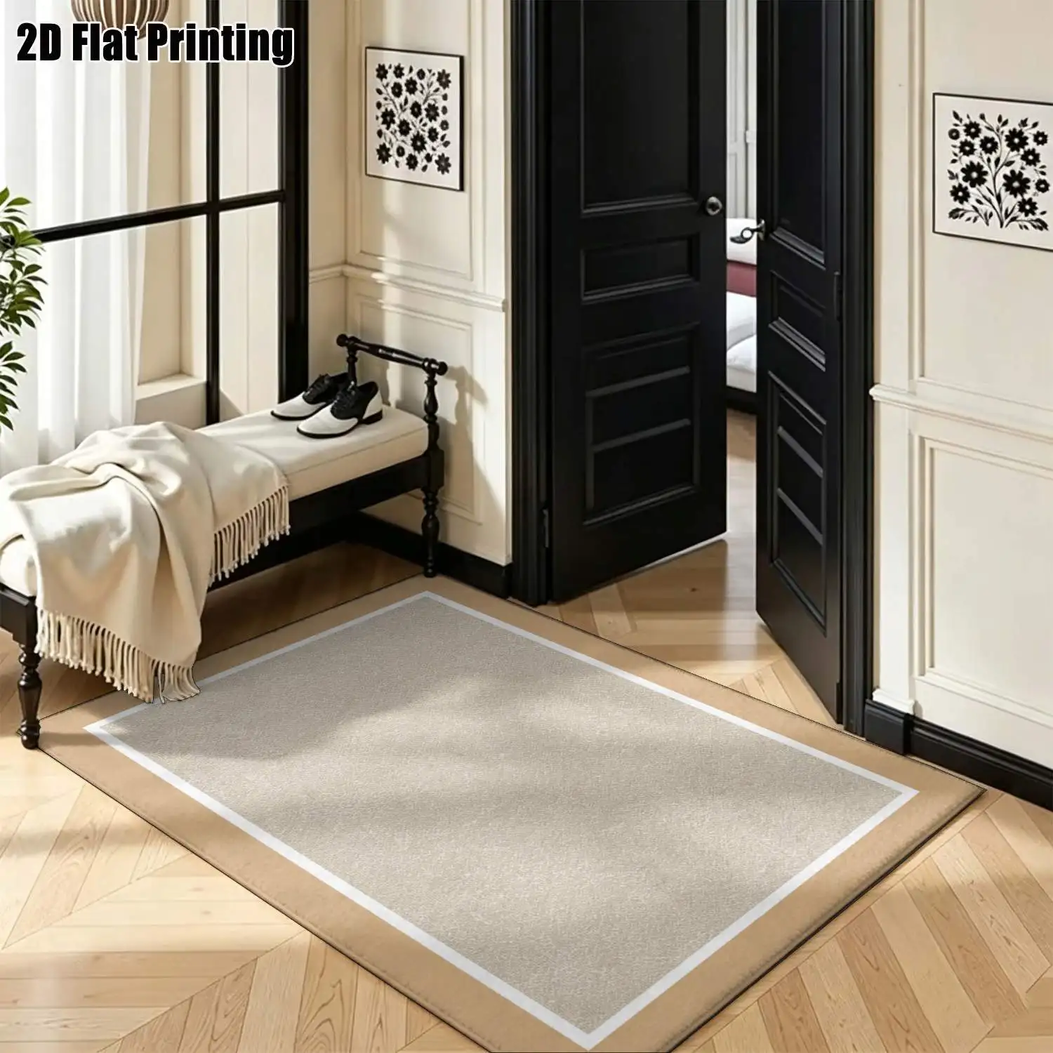 1Pc 2D Printed Beige-White Nordic Style Geometric Striped Carpet, Machine Washable, Multi-Size, for Home Decor & Multi-Scene Use