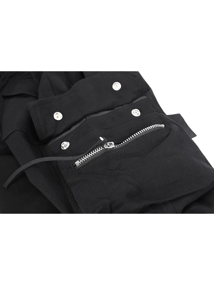 High Street Dark RO Black Pants Men's Side Zipper Pockets Elastic Waist Work Pants with Multiple Pockets Sweatpant Casual Pants