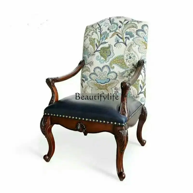 

American country leisure chair European solid wood neoclassical carving villa cafe dining chair