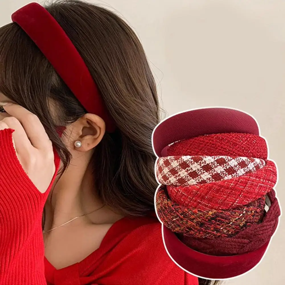 French Red Velvet Headband Women Girls Christmas Twist Plaid Hairband Vintage Swallow Gird Sponge Hair Hoop Headwear Gift