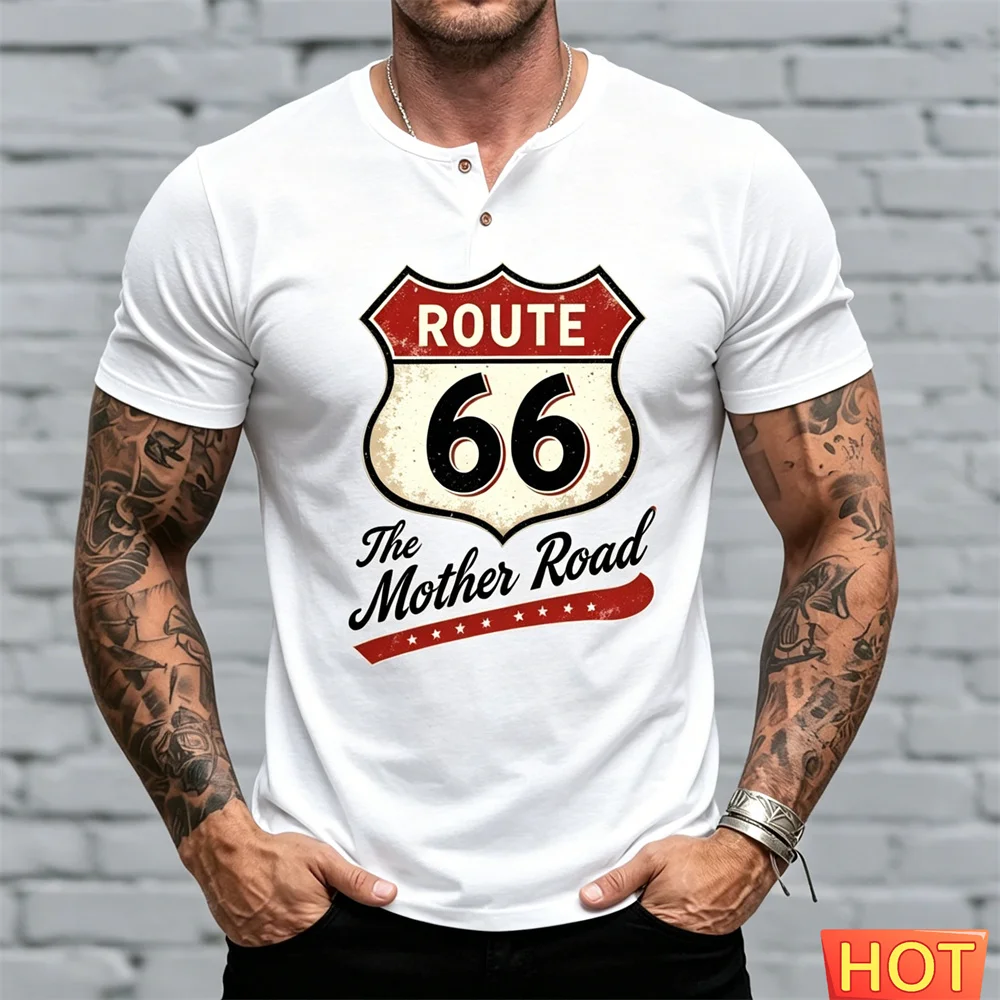 Men's Henry T-shirt Summer Men button up T-shirt 66 Patter T-Shirt Casual Round Neck Short Sleeve Top Vintage Sports Henry shirt