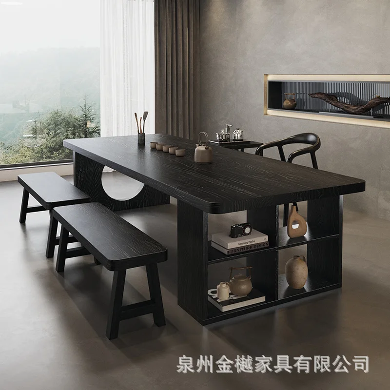 Solid Wood Large Board Tea Table Desk All-in-one Dual-purpose Wabi-sabi Style Coffee Table Living Room Black High-end Office Tea